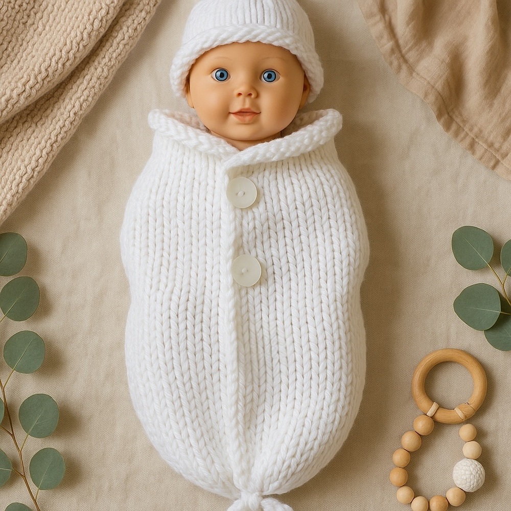 Baby Newborn Cocoon Hand Crafted One Piece White Knit Swaddler Photo Prop